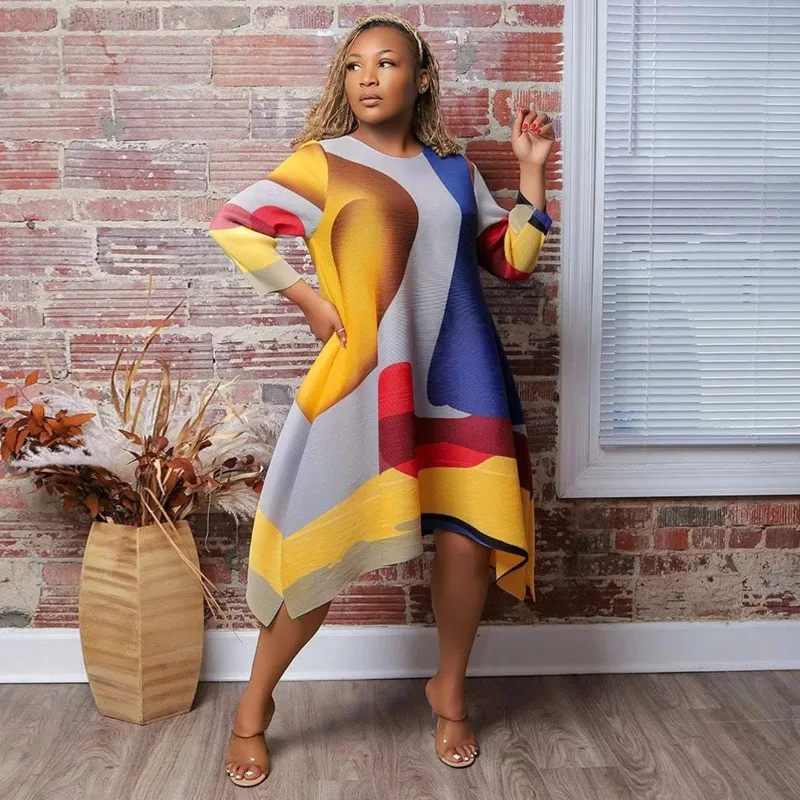Fashion O-Neck Printed Loose Color Geometric Mini Dress Women's Clothing Spring New Oversized Commuter Casual Dresses