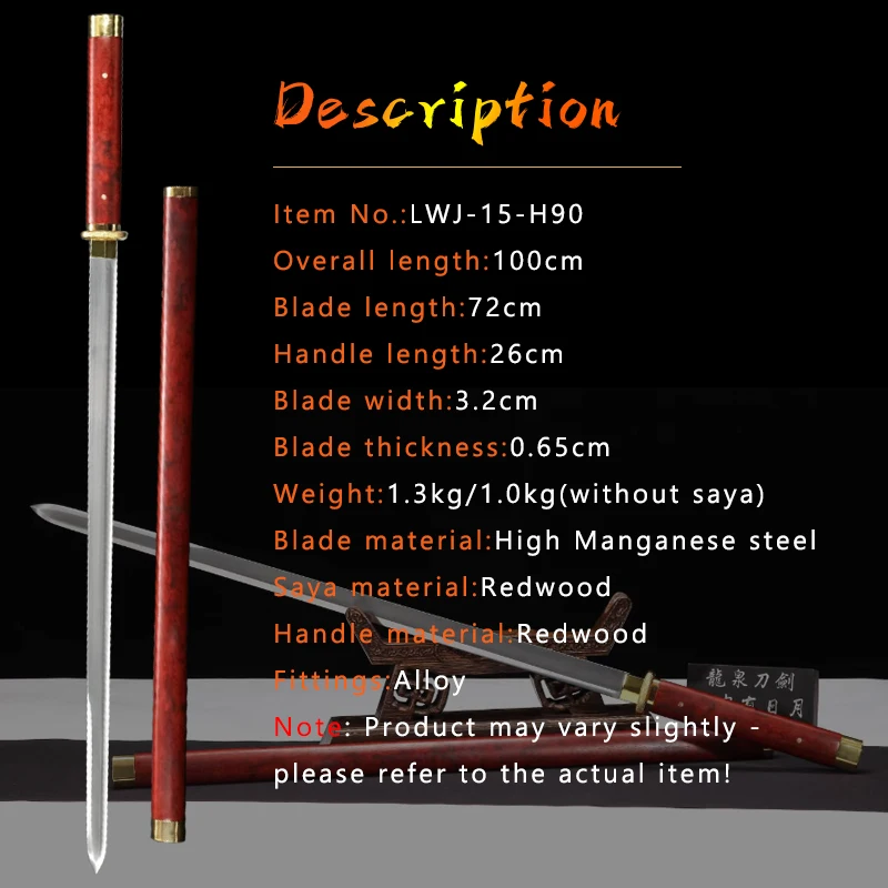Redwood Tang Sword Hand Forged Manganese Steel,Traditional Shirasaya Swords,Home Decor/Training Use Props,Alloy Fittings,Gift