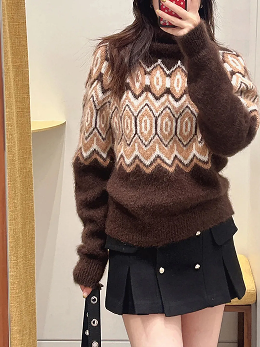

Autumn Winter Geometric Pattern Camere Sweater Women's High Collar Pullover Furry Texture Vintage Sle Knitted Top