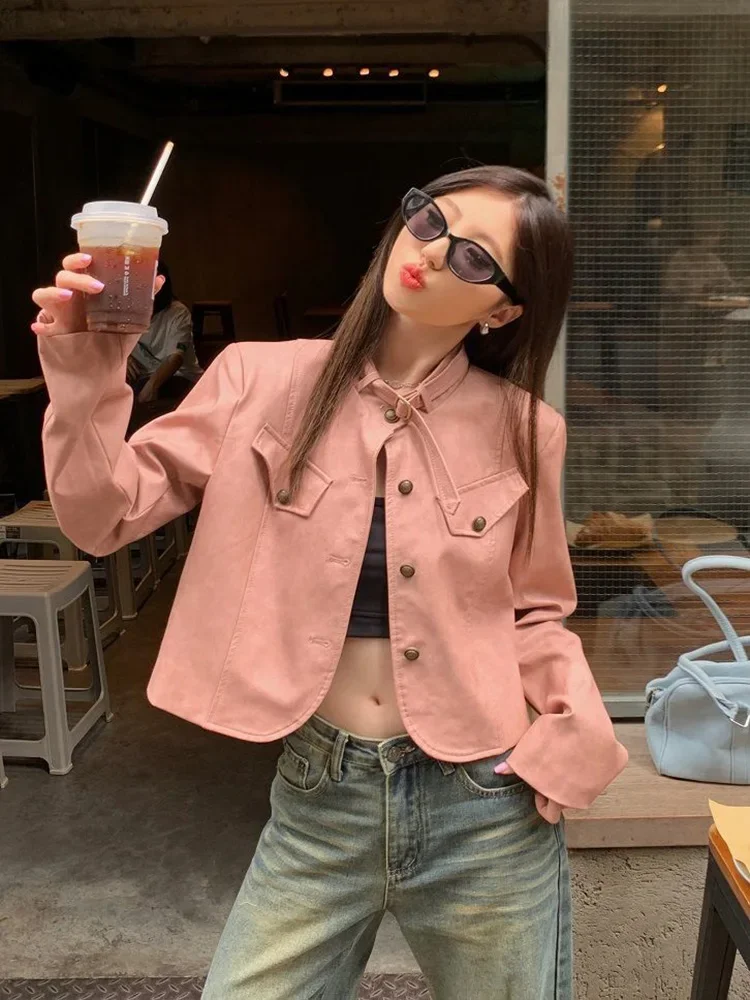 Streetwear Moto สีชมพู Pu แจ็คเก็ตผู้หญิงวินเทจแขนยาวลําลองอเมริกันเสื้อ Harajuku Biker หนัง Faux Lady Retro Tops