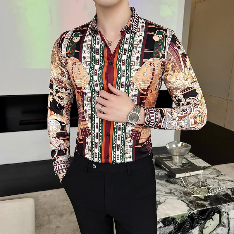 Baroque Royal Shirt Mens Long Sleeve Party Club Dress Shirts 2022 Vintage Luxury Floral Print Mens Slim Camisa Social Streetwear