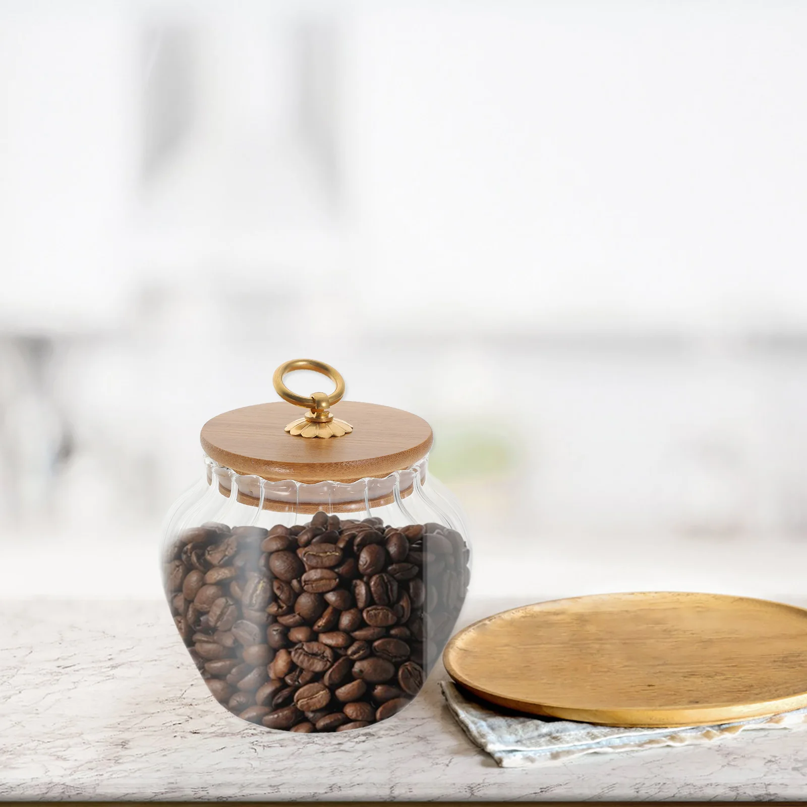 

Glass Tea Jar Wooden Lid Airtight Food Storage Container Multipurpose Kitchen Canister Coffee Beans Flour Grains Sugar Storage