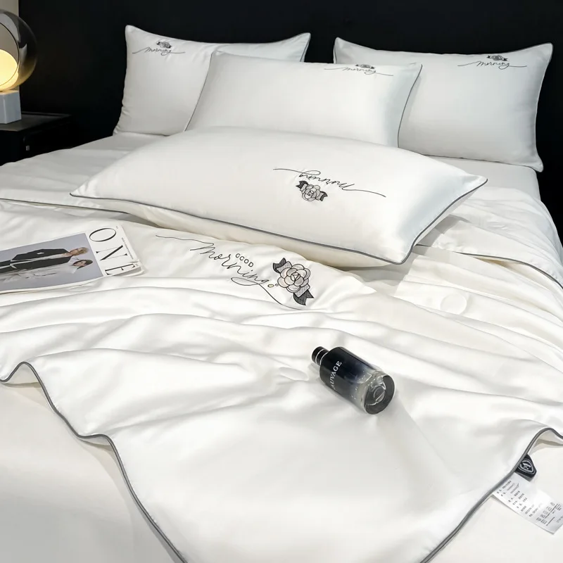 

Summer Ice Silk Thin Quilt Breathable Cool Comfortable Single Double Bed Luxury Embroidery Washed Silk Air Conditioner Quilt