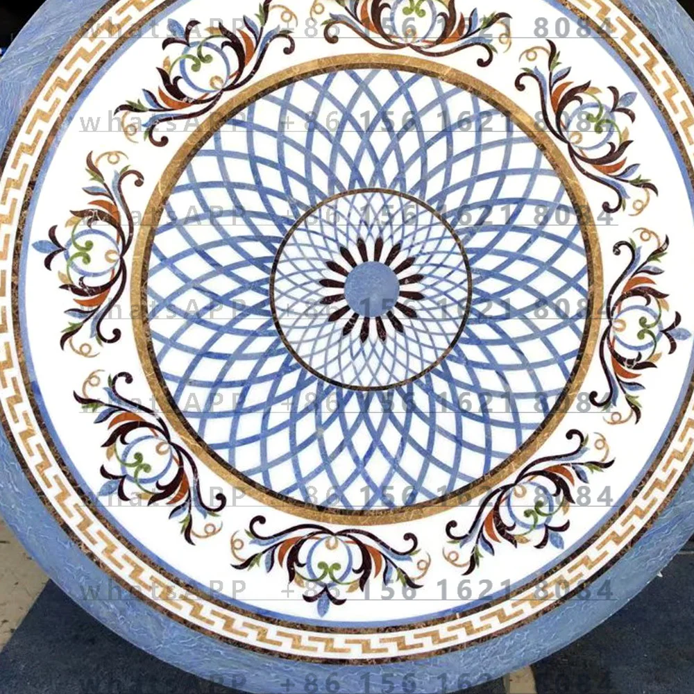 

Luxury water spray marble medallion flower pattern stair floor tile design beige marble inlaid villa home floor