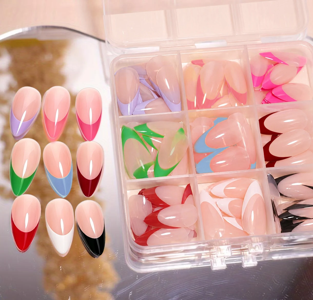 216Pcs 9 Colors Medium Almond French Press On Nails, Macaron Color Full Cover False Nail Tips for Women Summer Nail Art Decors