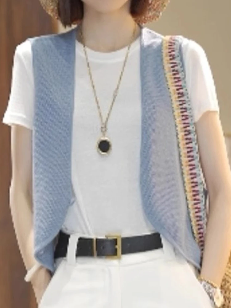 เสื้อกั๊กถักคอวีลำลอง สีพื้นเรียบง่าย สไตล์เกาหลี ทรงตรง ดีไซน์หรูหรา ใส่สบายช่วงฤดูร้อน ช่วยพรางหุ่นให้ดูเพรียว