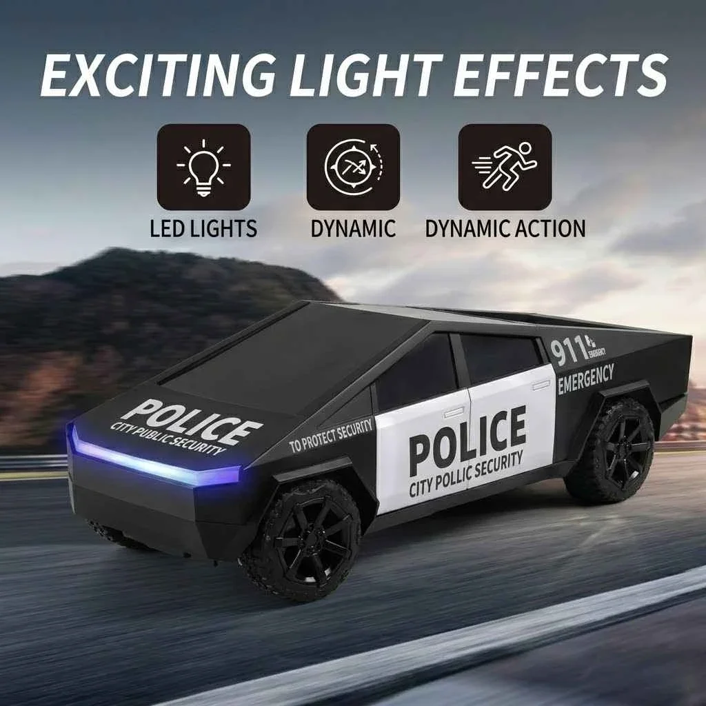 2.4G Remote Control Cyber Pickup Truck, RC Police Car with LED Lights, Rechargeable Off Road Racing Vehicle Toy for Boys Gifts