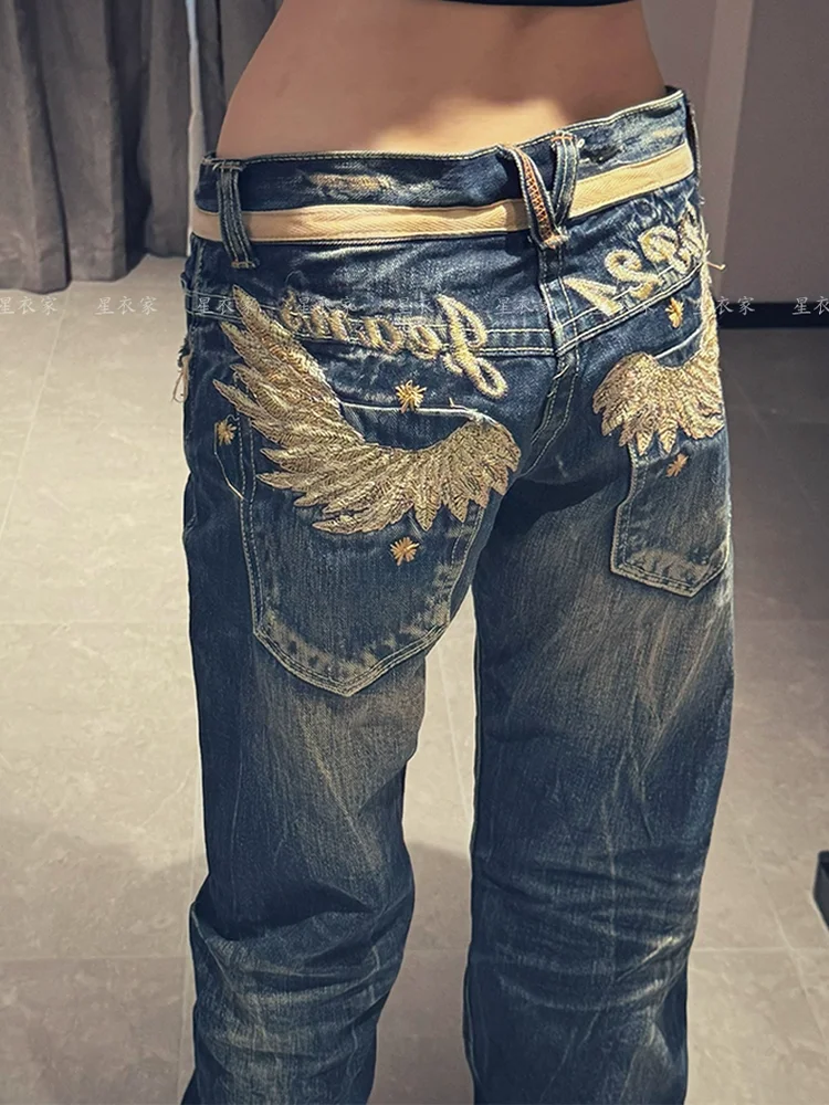 

Women's Blue Embroidered Jeans Y2K Japanese Harajuku Streetwear High Waist Aesthetic Wings 90s Vintage Jeans Pants Clothing 2025