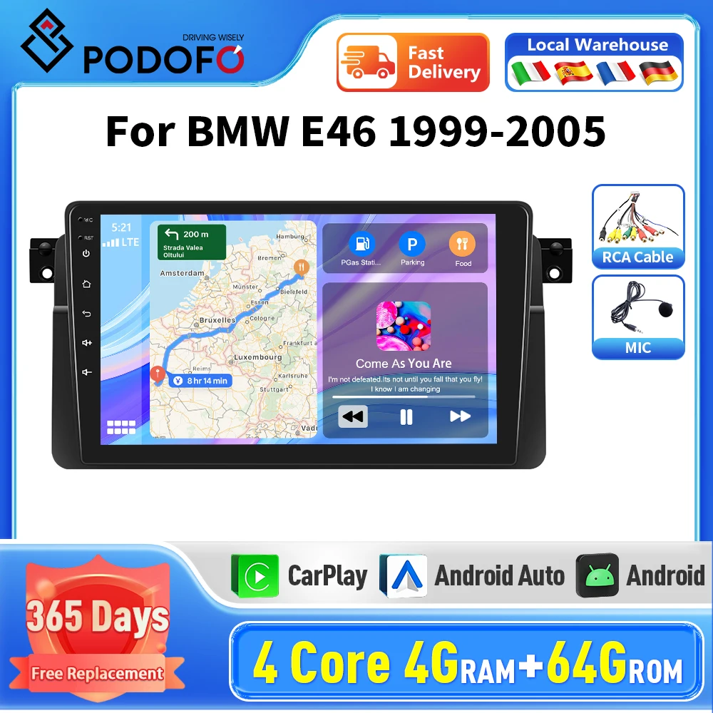 Podofo Android Car Radio for BMW E46 M3 318/320/325/330/335 Wireless CarPlay Android Car Multimedia GPS 2din Car Radio