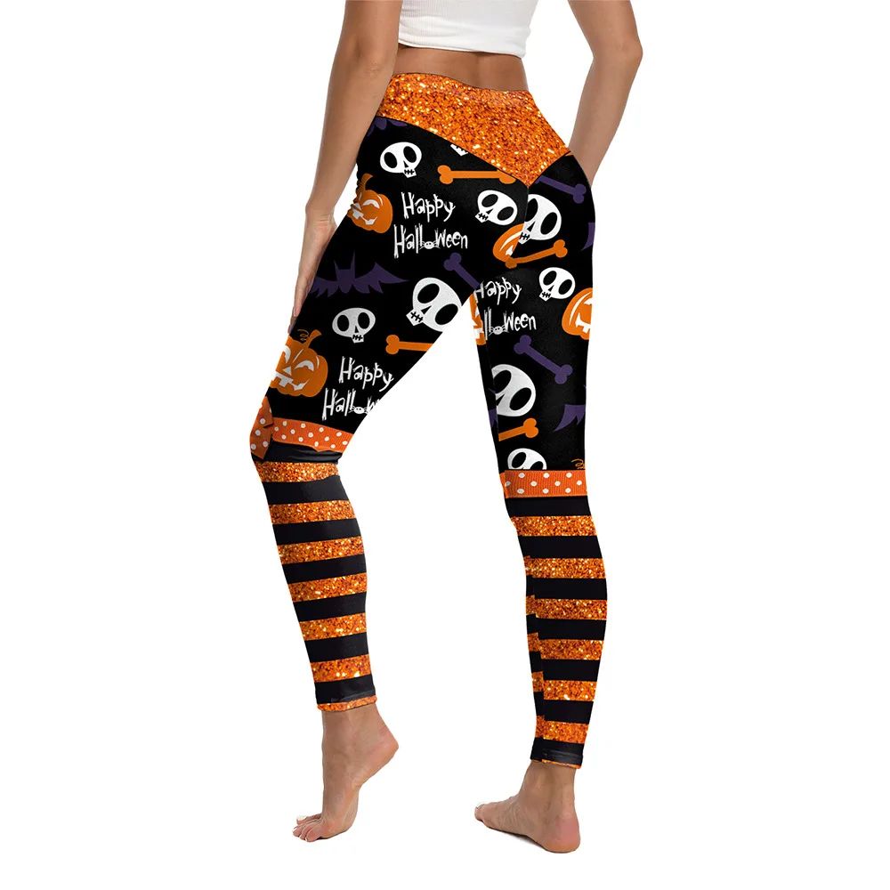 Women'S Casual Pants Leggings Halloween Style Funny Skull Stripes Pumpkin Head Print Color Matching Pants Sports Festival