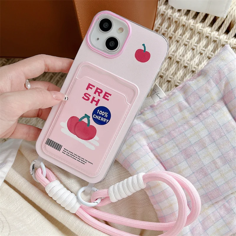 

Cherry Hanging Rope Card Bag Phone Case For iPhone 16 15 14 13 12 11 Pro Max Girl XR XS MAX Case Silicone Shockproo Back Cover