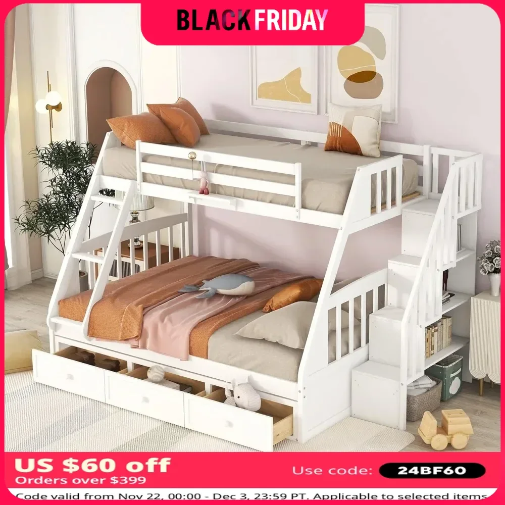 Twin-Over-Full Bunk Bed, with Stairs and Storage Drawers, Ladder, for Kids Teens Adults, Solid Wood Bunk Bed Frame