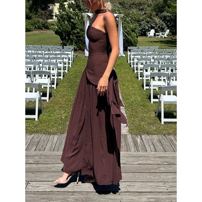 Robe de plage rétro pour femmes, mode maille épissage, robe fendue élégante, tempérament européen et américain, sans manches