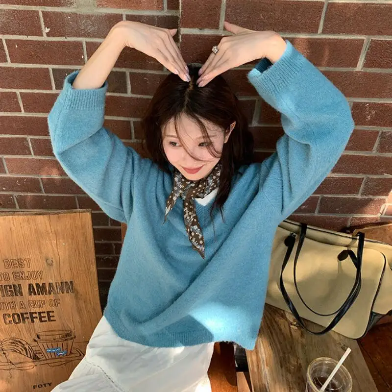 

Женский вязаный кардиган в корейском стиле, свитер, пуловер для девочек, осенне-зимний трикотаж с v-образным вырезом, утепленная однотонная мягкая верхняя одежда