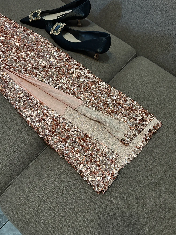 Złota cekinowa seksowna suknia wieczorowa na ramiączkach, lekka luksusowa, z wysokim stanem, z jedwabną nitką, na wiosnę, jesień i zimę, damska...