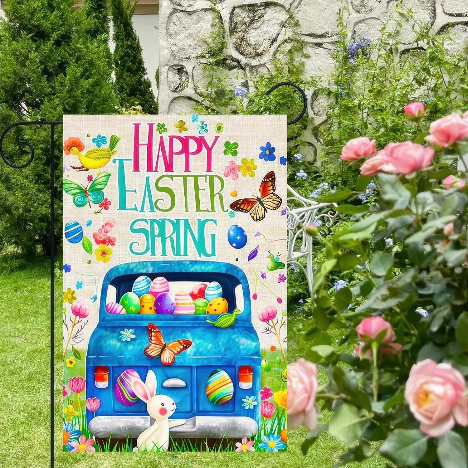 Happy Easter Garden Flag Spring Welcome Yard Flags Double Sided 12x18 Inch Easter Blue Truck Cute Bunny Flag Spring Garden F SSL