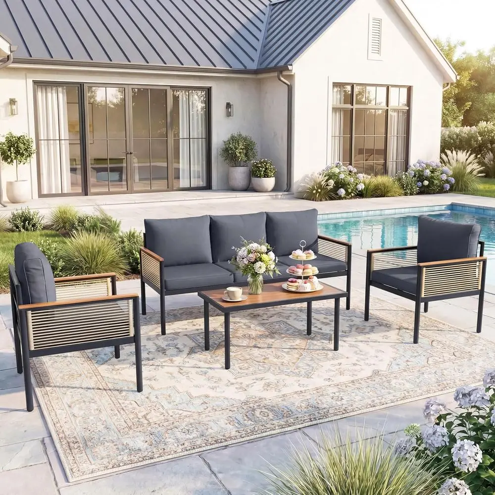 

5-Piece Outdoor Patio Furniture Set with Table and Chairs, Metal Construction, Waterproof Cushions, Ideal for Backyard, Garden,