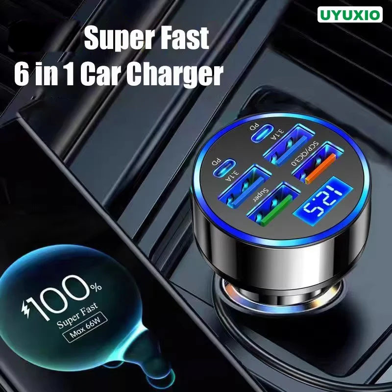UYUXIO 6 in 1 USB C Car Phone Charger Adapter with Voltage Display Super Fast Charge in Car for iPhone 16 15 Pro Max Samsung