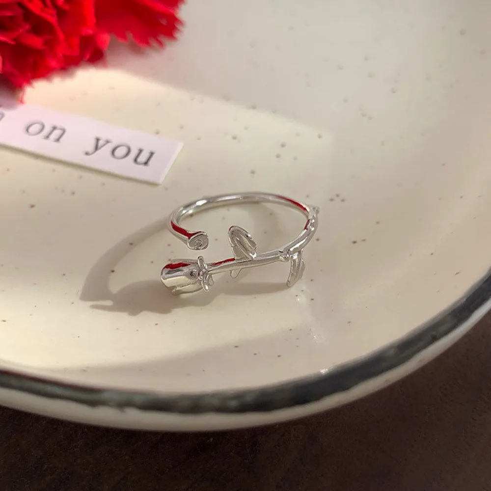 Romantic Exquisite 925 Sterling Silver Stereo Rose Opening Rings for Women Temperament Versatile Finger Jewelry Accessories Gift