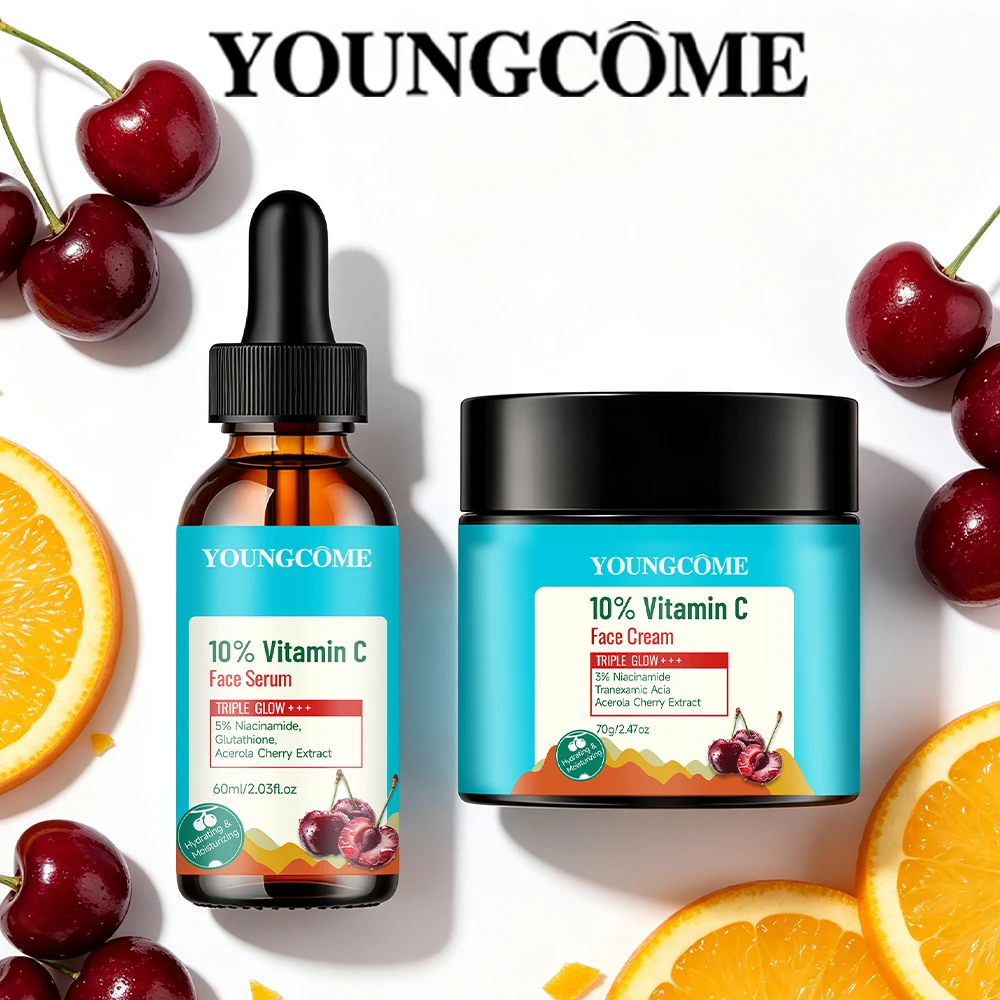 Conjunto de Creme e Sérum Facial YOUNGCOME, Vitamina C + Niacinamida, Glutationa, Ácido Tranexâmico, Extrato de Acerola, Cuidados Diários com a Pele