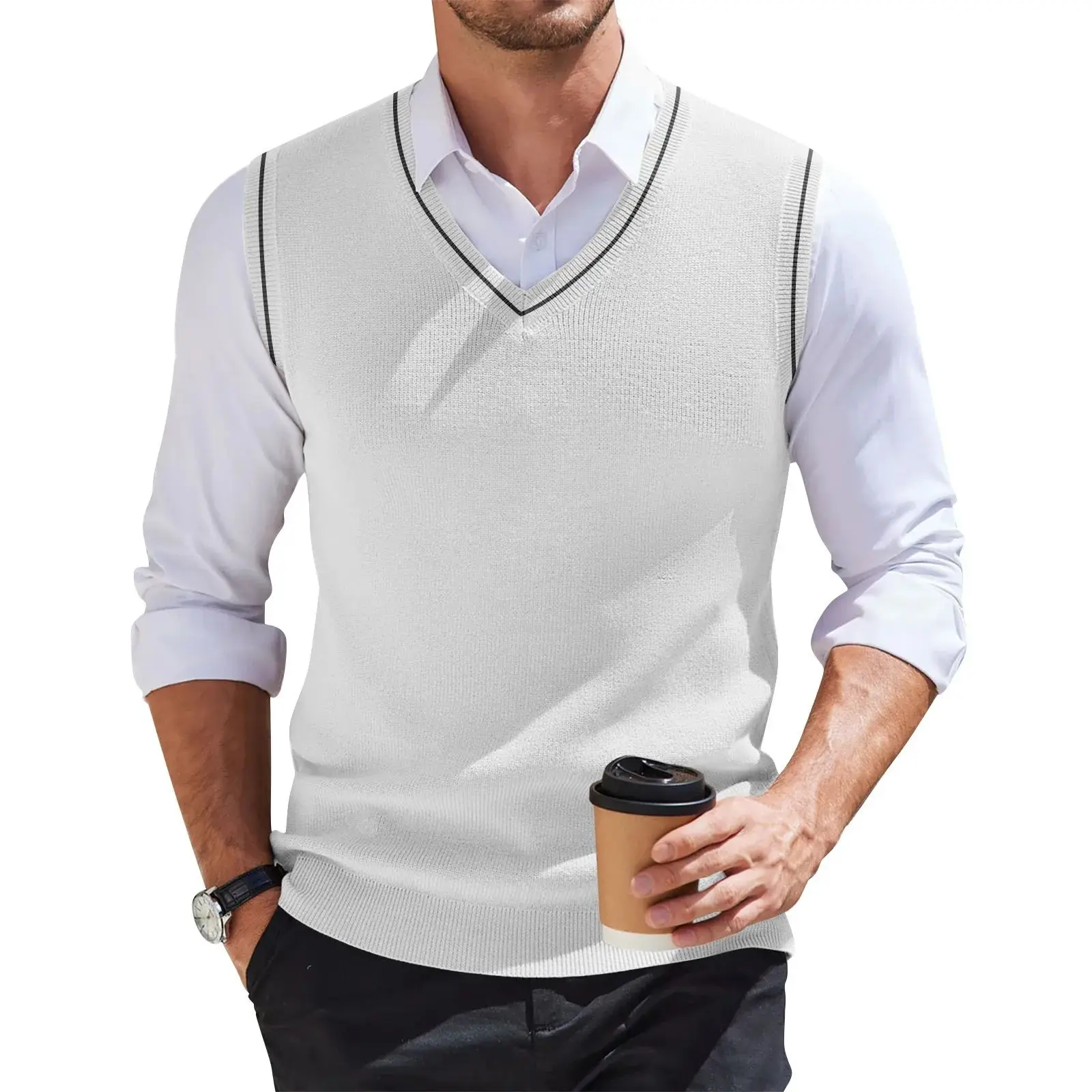 

2025 New Spring Autumn Long Sve Collar Camere Vest Men's Knitted Wearable Woolen Vest Youthful Vitali Sle