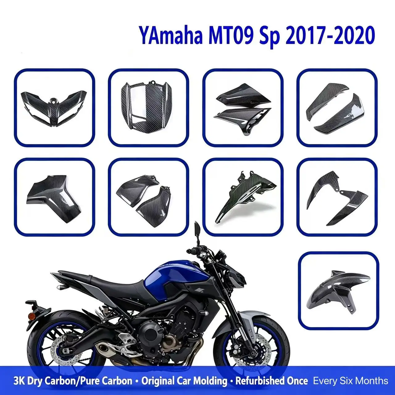 Suitable for Yamaha MT09 SP 2017, 2018, 2019, 2020 motorcycle. Carbon fiber air intake cover, front and rear mudguards, accessor
