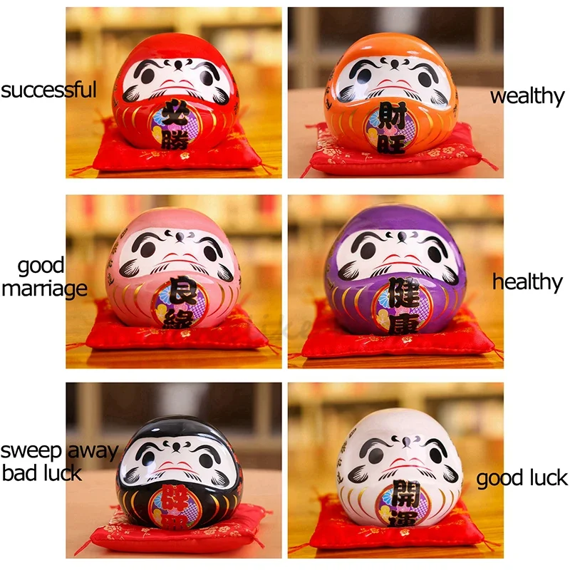 4.5 inch Japanese Ceramic Daruma Figurine, FengShui Figure Zen Ornament, Lucky Charm Money Box, Home Tabletop Decor