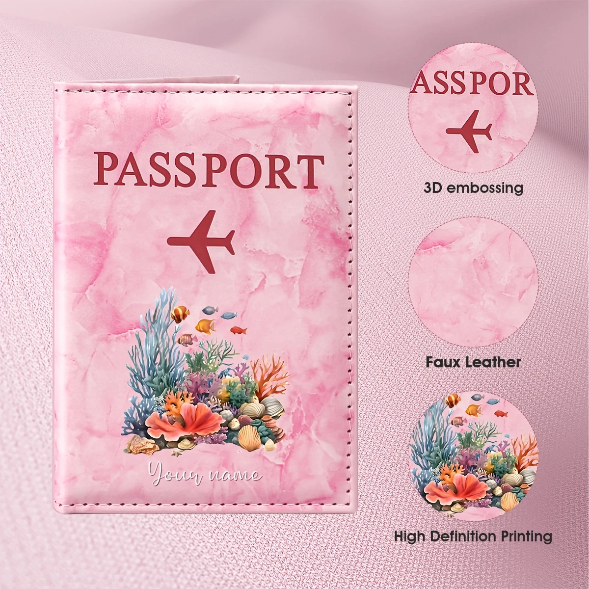 Custom Name Watercolor Plant Ocean Style PU Passport Holder, Featuring Patterns of Coral, Seaweed, Flowers, And English Name