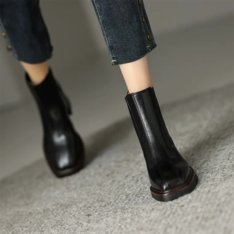 Vintage Women Boot Autumn Genuine Leather Thick Heel Ankle Boot Square Toe Chelsea Boot Versatile Leather Boot Plush Women Shoe