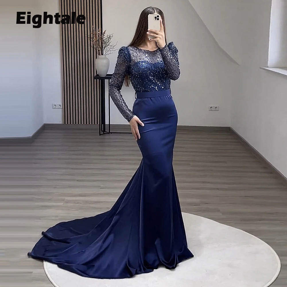 Eightale Sparkly Navy Blue Prom Dresses for Wedding Party O-Neck Long Sleeve Evening Gowns Glitter Top Arabic Customized Dress