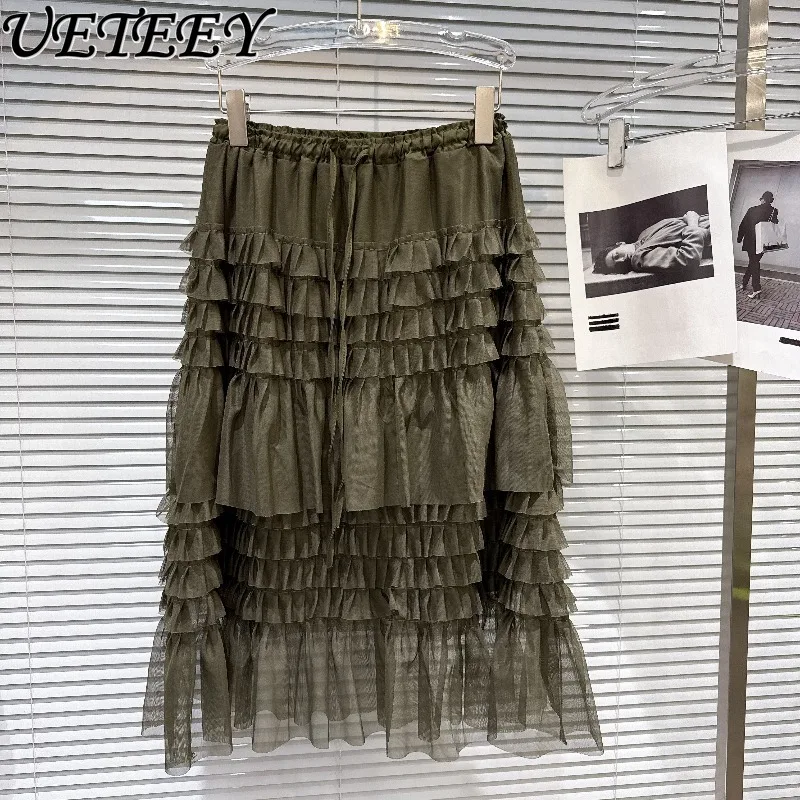 

Новая летняя коллекция 2026: Шикарная и элегантная многоярусная юбка-миди из сетки с рюшами, на резинке, с высокой талией, универсальная, однотонная, для женщин