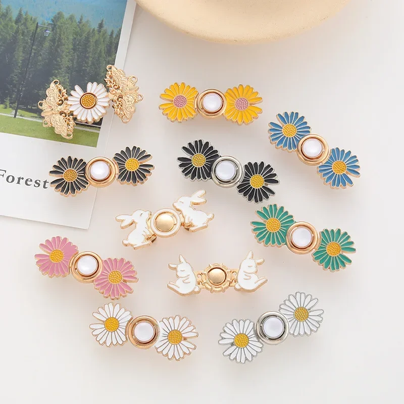 4pcs Adjustable Waist Button Tightener Pearl Flower No Sew Waist Buckles for Loose Jeans Detachable Instant Pants Button Pins