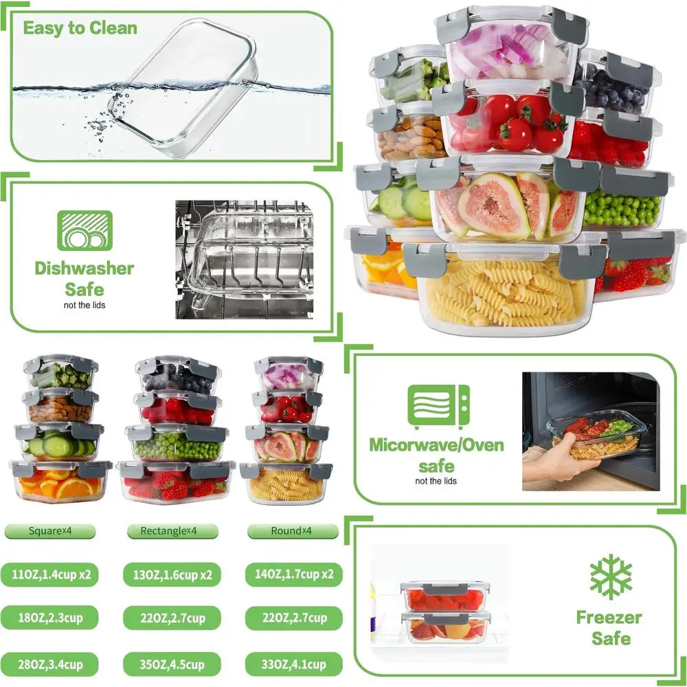 

24-Piece Borosilicate Glass Meal Prep Containers with Snap-Lock Lids and Airtight Seal for Food Storage