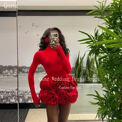 Qanz Sexy Red Prom Dress Black Girl Handmade Flowers High Neck Long Sleeves Cocktail Dresses Mini Satin Party Dresses Customized