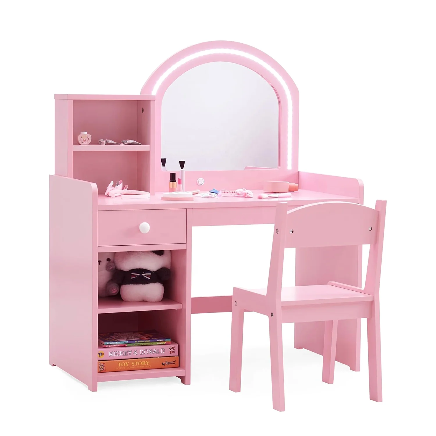 

Pink Bedroom Wooden Children Kids Light Vanity Dressing Table with Mirror and Chair, Vanity Desk for Kids