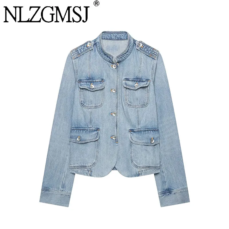 NLZGMSJ 2026 Autumn Women Stand Collar Denim Jacket Single-breasted Pockets Decoration Long Sleeve Cropped Casual Outerwear