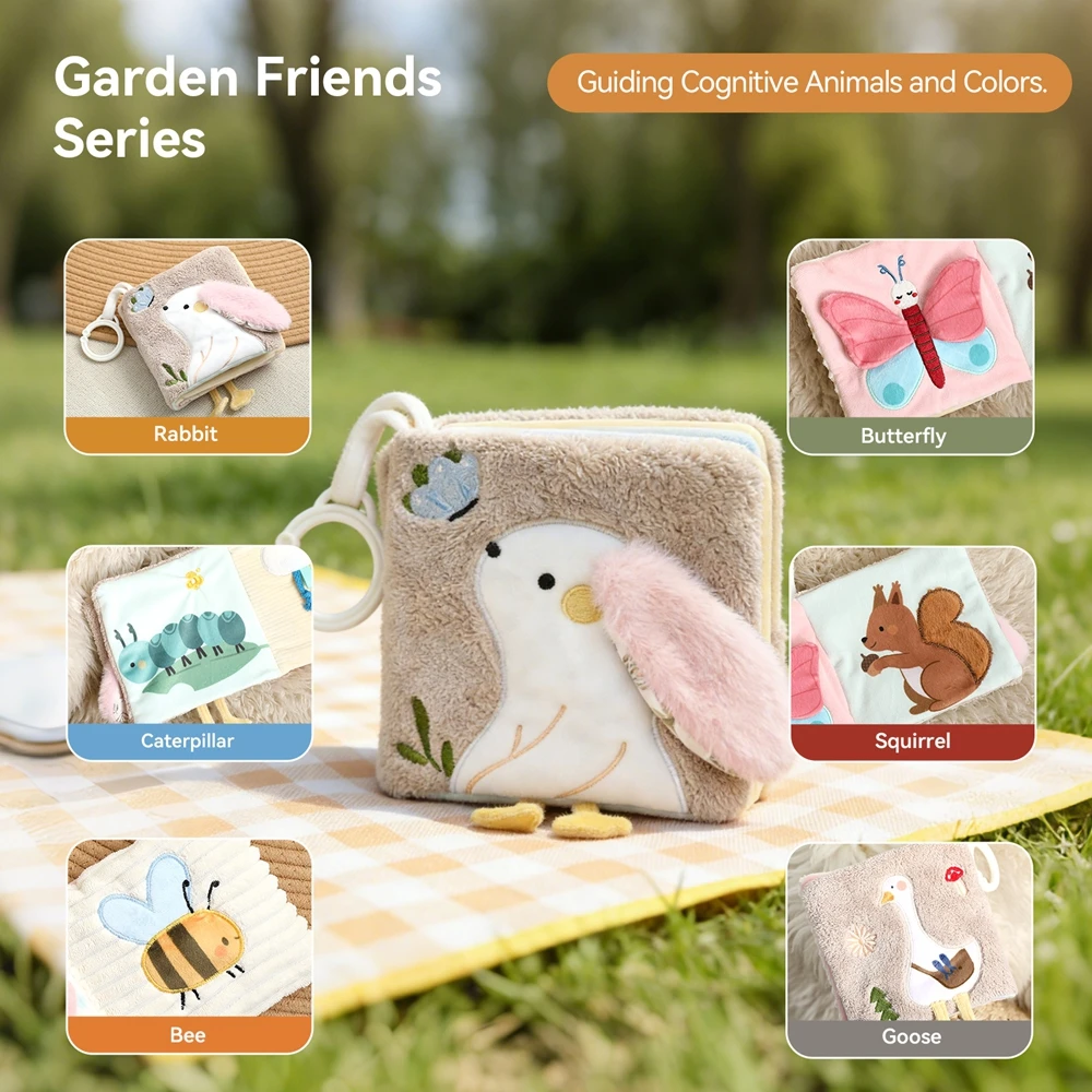Livro de Pano 3D de Pelúcia para Bebês com Mordedor, Livro Sensorial Montessori com Som para Recém-Nascidos 0-36 Meses, Brinquedos Sensoriais Laváveis para Bebês