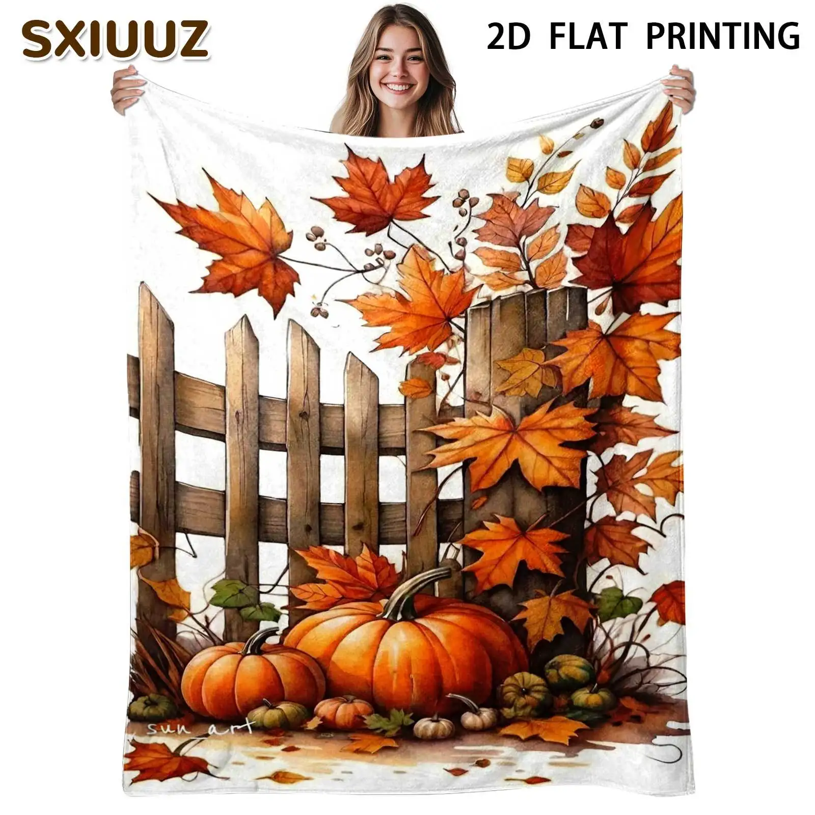 2D Flat Print, 1pc Autumn Pastoral Style Throw Blanket/blanket, Featuring a Pumpkin, Maple Leaf, and Wooden Fence Print Pattern,