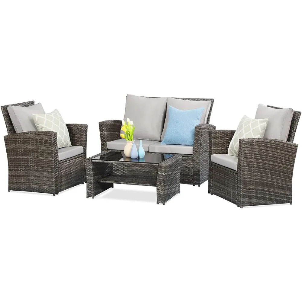 

4 Piece Outdoor Patio Furniture Sets, Wicker Conversation Set for Porch Deck, Gray Rattan Sofa Chair with Cushion