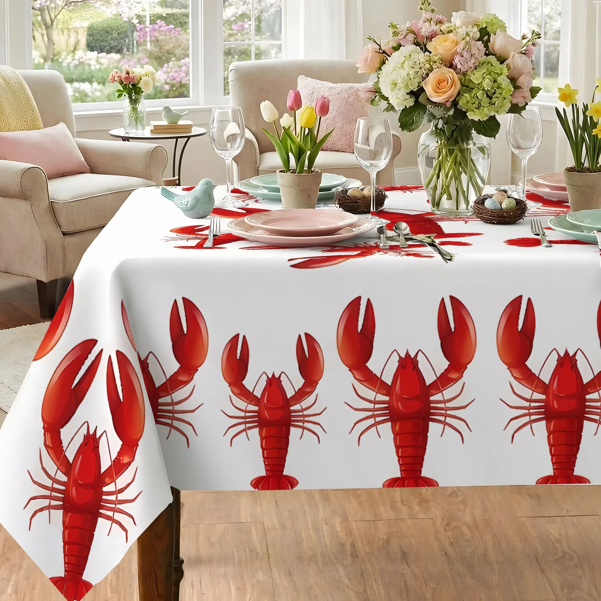 1 piece of summer seafood-themed crayfish printed tablecloth, red and white contrasting color crayfish yzb