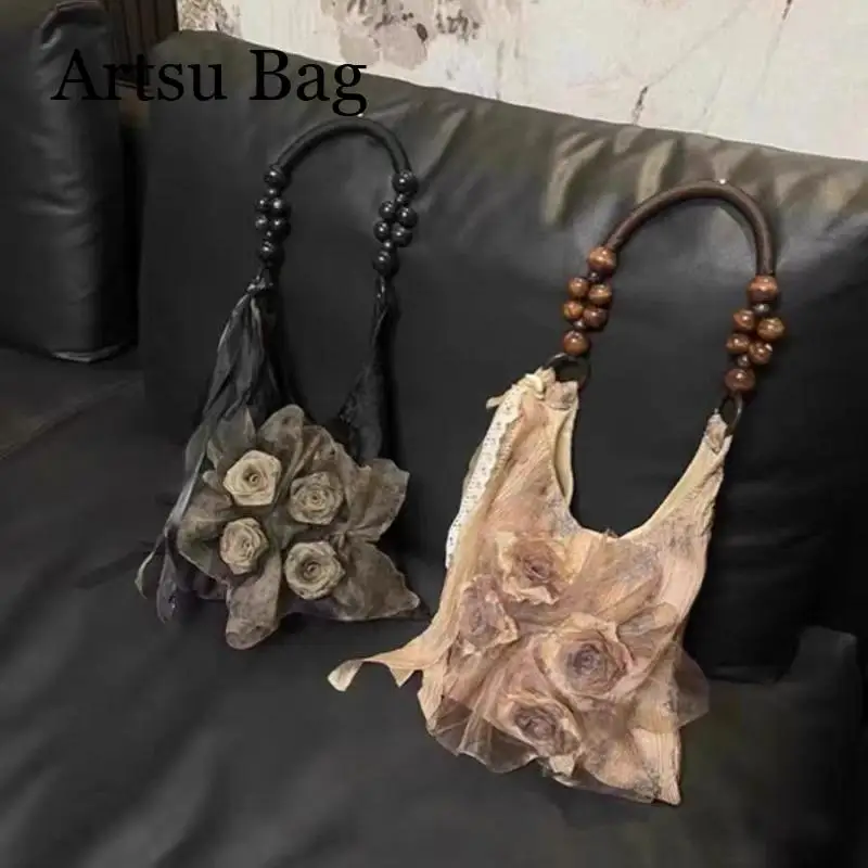 Retro Tie Dyed Rose Underarm Bag New Pleated Women Commuting Bag Tote Beaded Shoulder Bag Fabric Bag