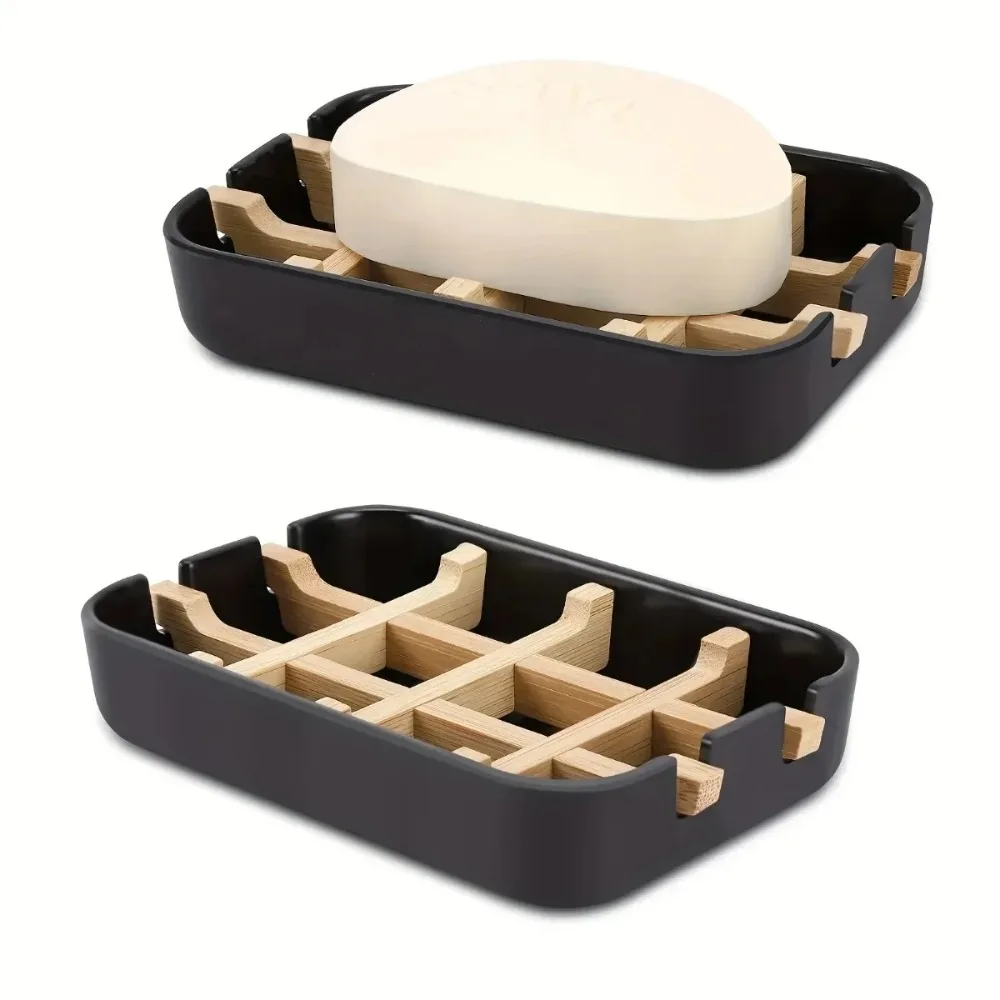 New 1Pc Bamboo Soap Bamboo Eco-friendly Portable Soap Dish with Handcrafted Wooden Holder and Tray for Bathroom Storage