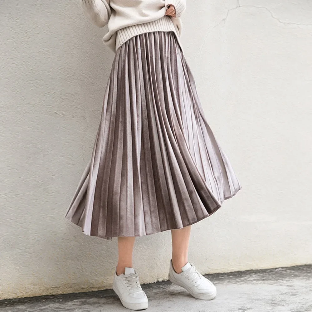 

Spring 2024 Women Long Metallic Silver Maxi Pleated Skirt Midi Skirt High Waist Elascity Casual Party Skirt