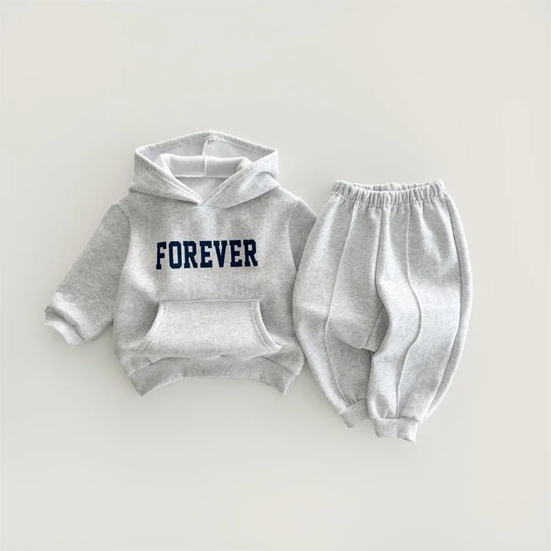 2024 Winter New Children Warm Plus Velvet Thick Set Boys Girls Hooded Fleece Letter Sweatshirt + Pants 2pcs Suit Kids Outfits