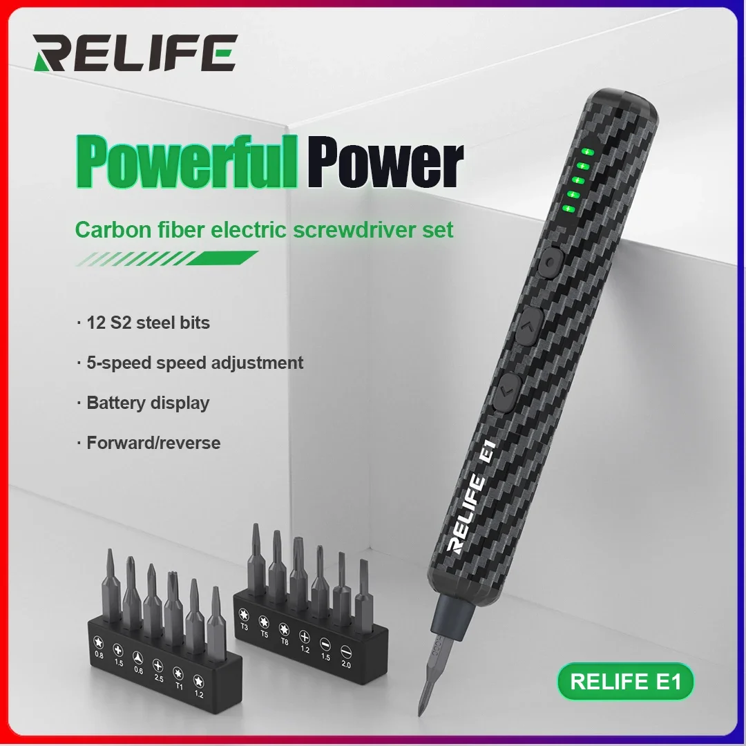 

RELIFE E1 Powerful Carbon Fiber Electric Screwdriver Set With 12Pcs S2 Steel Bits For Mobile Phone Screw Disassembly Tool Kit