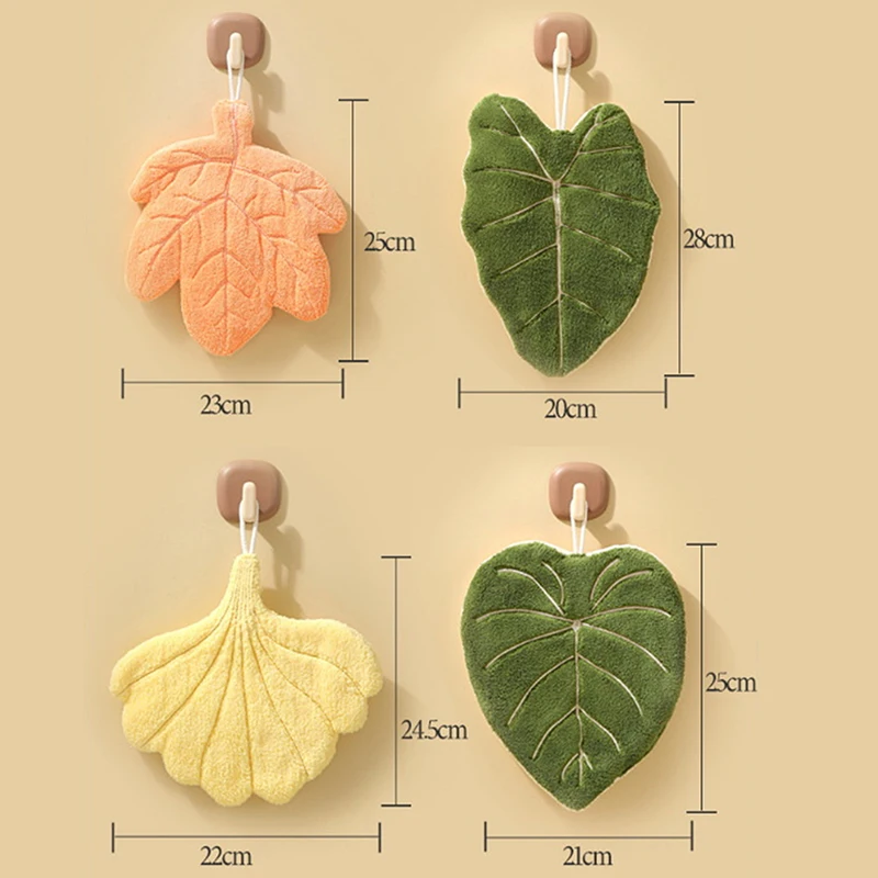 1 Piece Leaf Coral Fleece Hand Towel Thick Absorbent Hangable Long-Lasting Soft Kitchen Dish Towel for Home