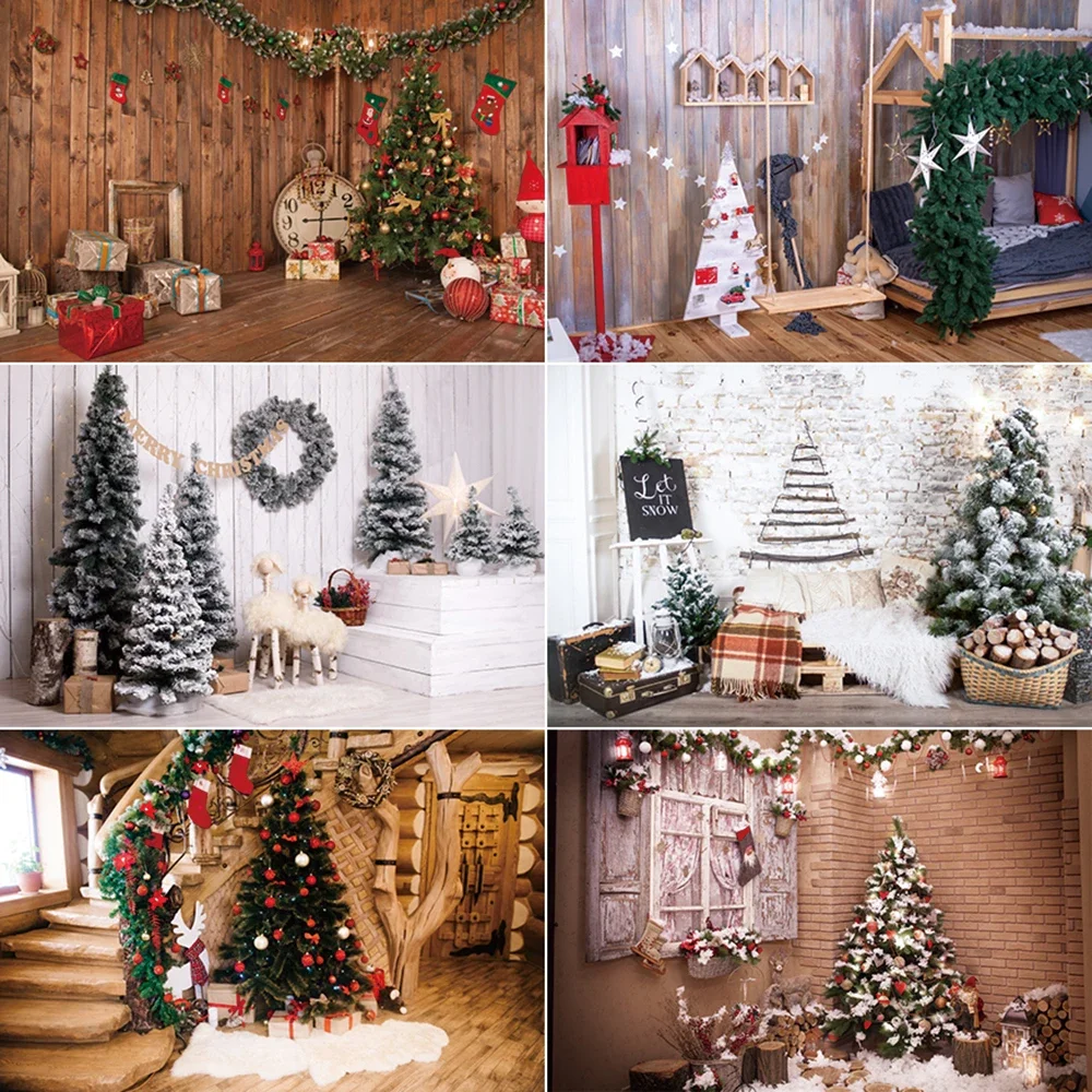 

MOON.QG Merry Christmas Photography Background Gifts Wooden House Xmas Trees Photocall Backdrop Children Studio Photocall Props