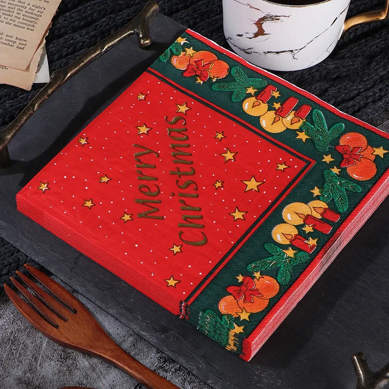 20pcs 33cm 2-Ply Christmas Printed Napkins Red Green Kitchen Table Decoration Square Napkins Cocktail Napkins