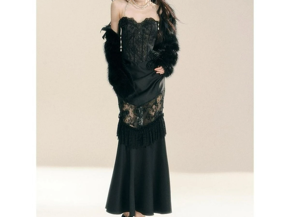 

2025 Autumn New Black Luxury Lace Dress for Women's Summer Look Thin One Shoulder Strap Dress