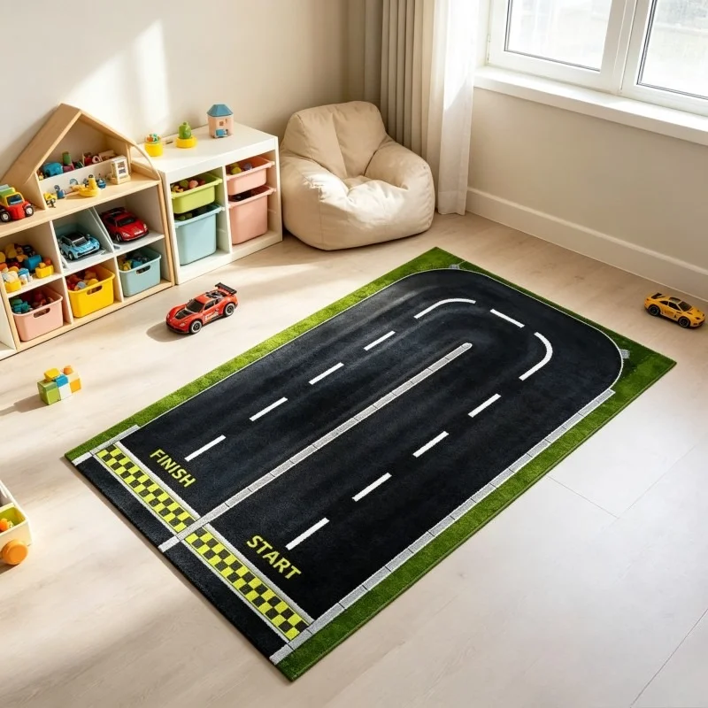 Race Track Rug Car Play Mat, Green Race Track Rug,Start Line, Racetrack Rug,Room Rug,Racing Car Decor Floor Mat